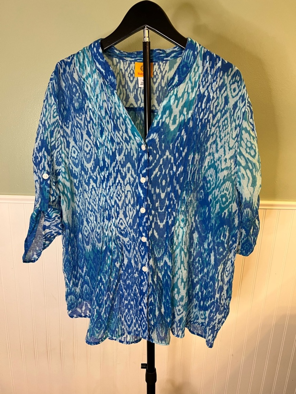 Ruby Rd. Blue & Teal Patterned Button-Down Sheer Top Size  XL